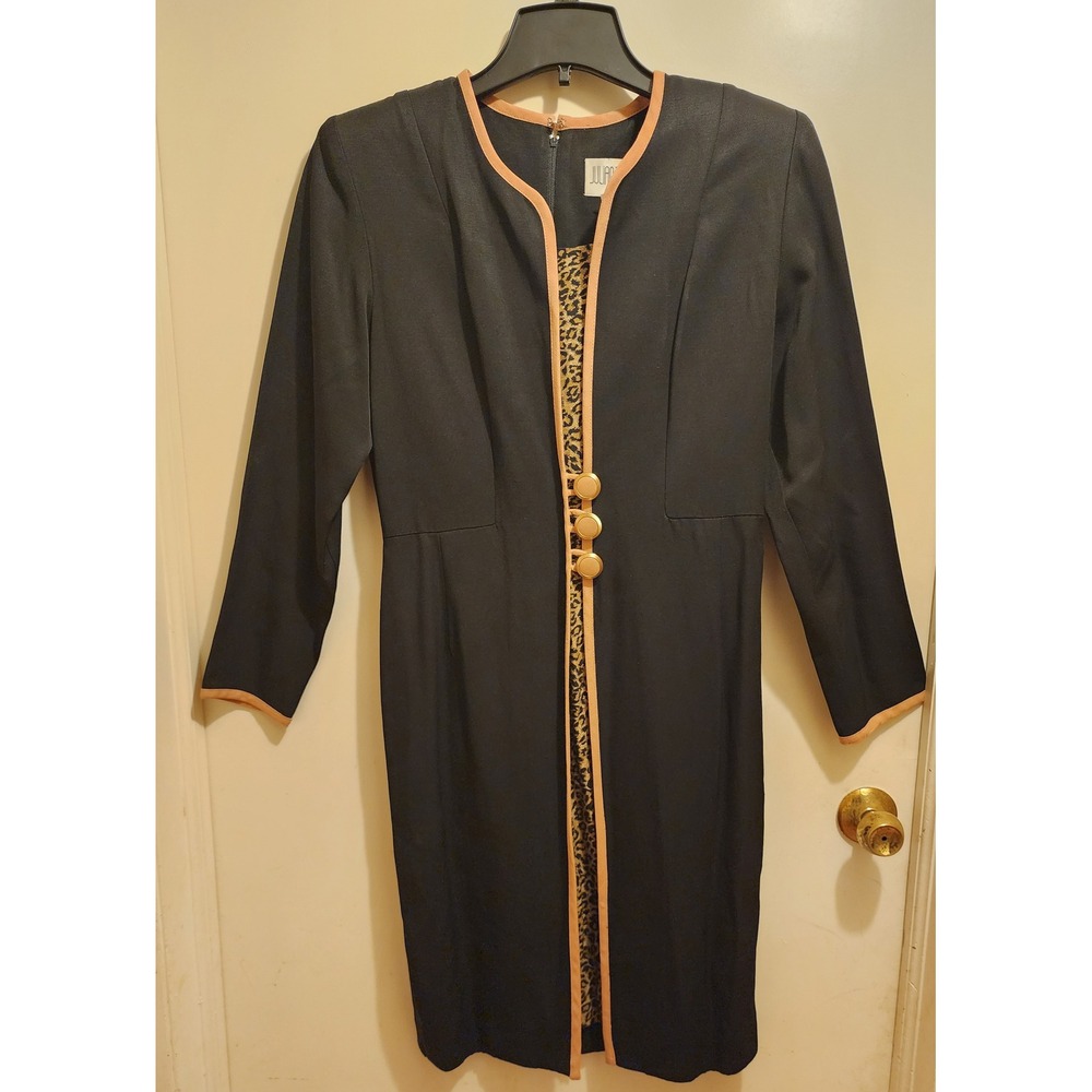Julian Taylor New York Black Leopard Print Trim Sheath Dress Vintage Style Sz 8